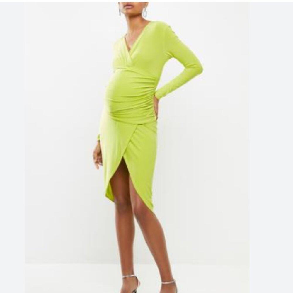 NEW Missguided Maternity Ruched Wrap Dress Lime Green Sexy Mama Party